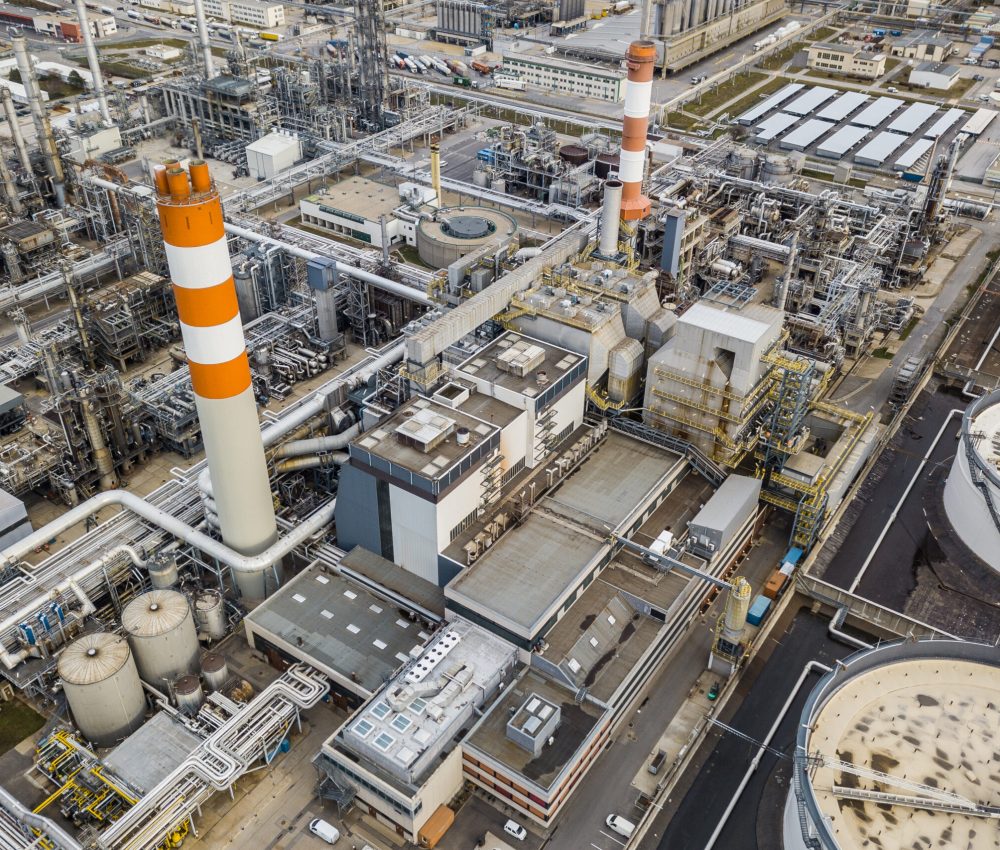 Aerial drone view of huge oil refinery