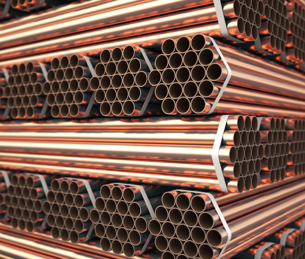 Copper or bronze metal pipes in warehouse. Heavy non-ferrous metallurgical industry. 3d illustration